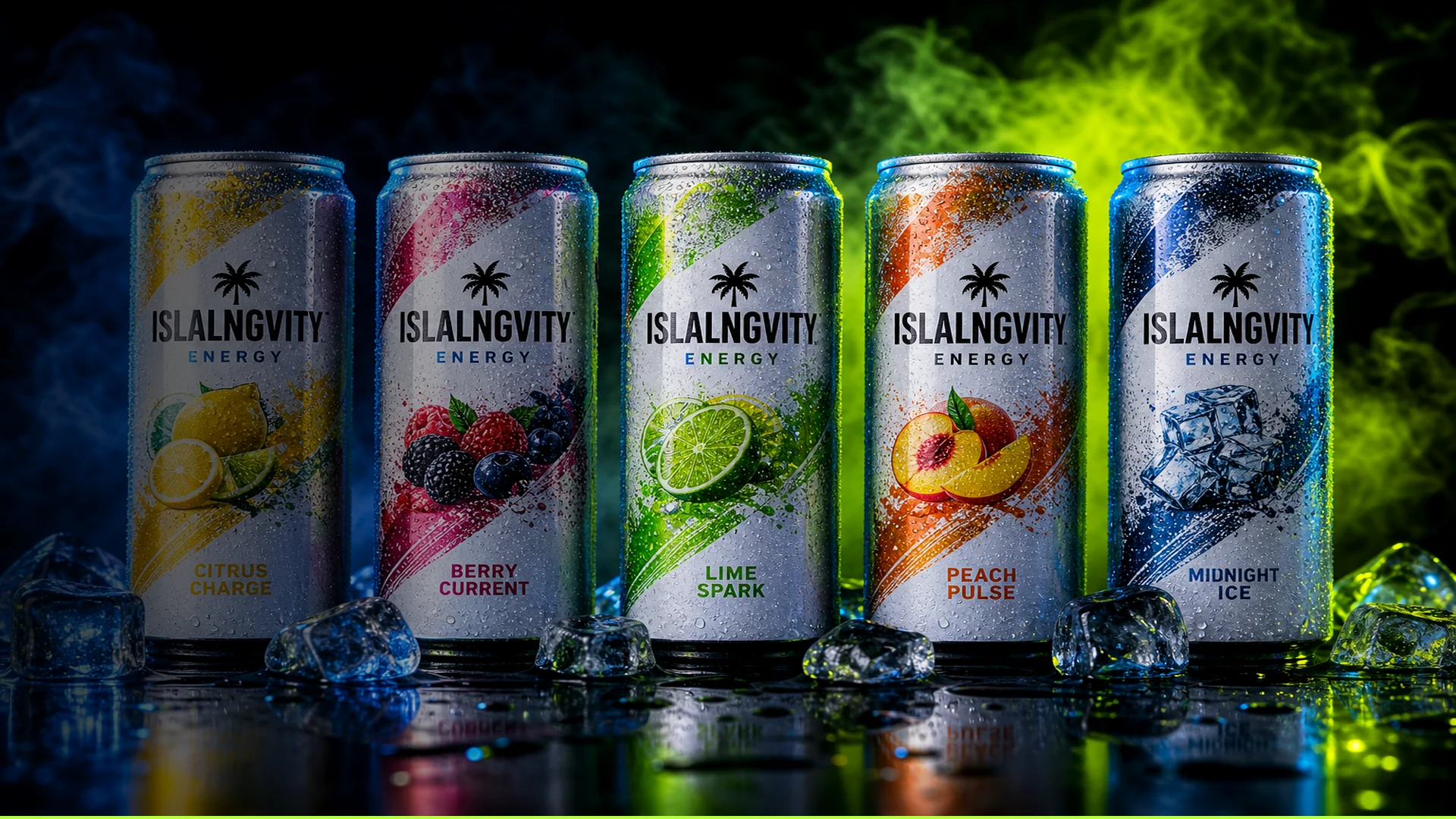Islalngvity Energy premium cans with condensation on icy surface