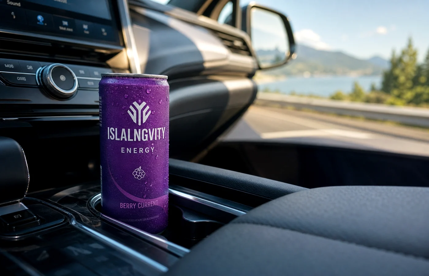 Islalngvity Energy can in car cupholder on road trip