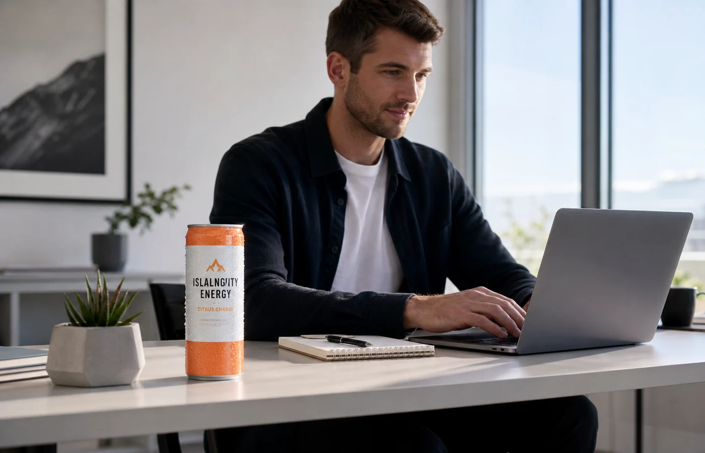 Professional at desk with Islalngvity Energy can