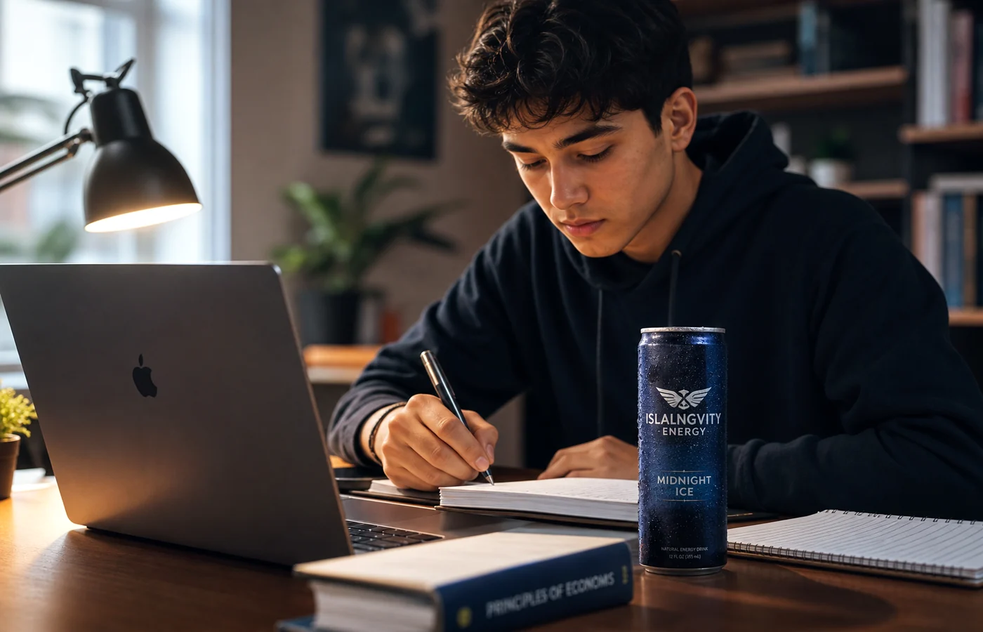 Student studying with Islalngvity Energy on desk